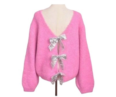 Wool Blend Sequin Bow Knit - ( Bubblegum Pink Or Pale Grey )