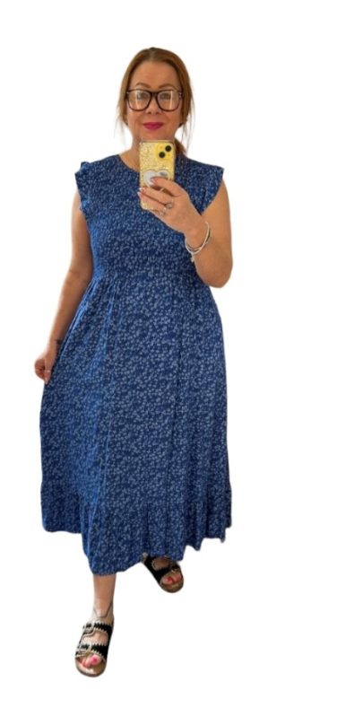 Ditsy Print Midi Dress – ( Cobalt Blue, Denim Blue, White, Fuchsia Pink )