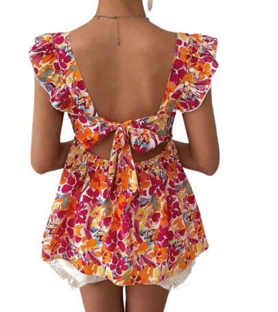 Floral Print Backless Ruffle Sleeve Top