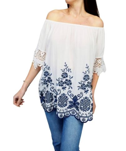 Navy Embroidered Lace Trim Bardot Top