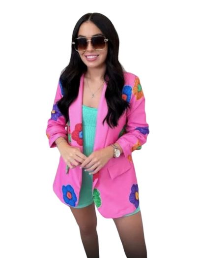 Pink Daisy Print Ruched Sleeve Lined Blazer