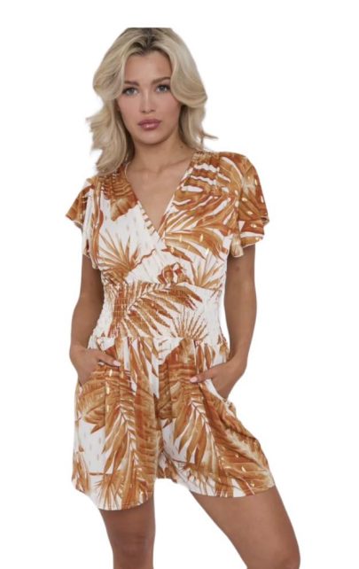 Tropical Palm Print Frill Sleeve Playsuit – White